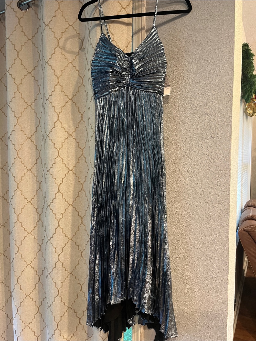 White House Black Market Metallic Blue Pleated High-Low Skirt